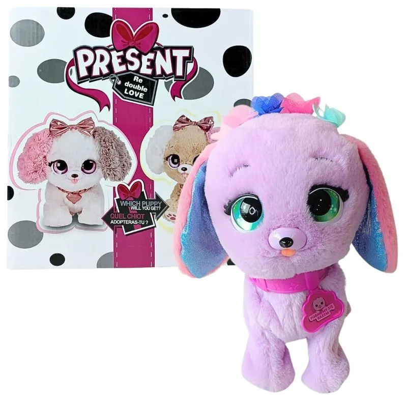 Brinquedo de Pelúcia Cachorrinho Roxo Interativo Som Movimento Present Pets Castela