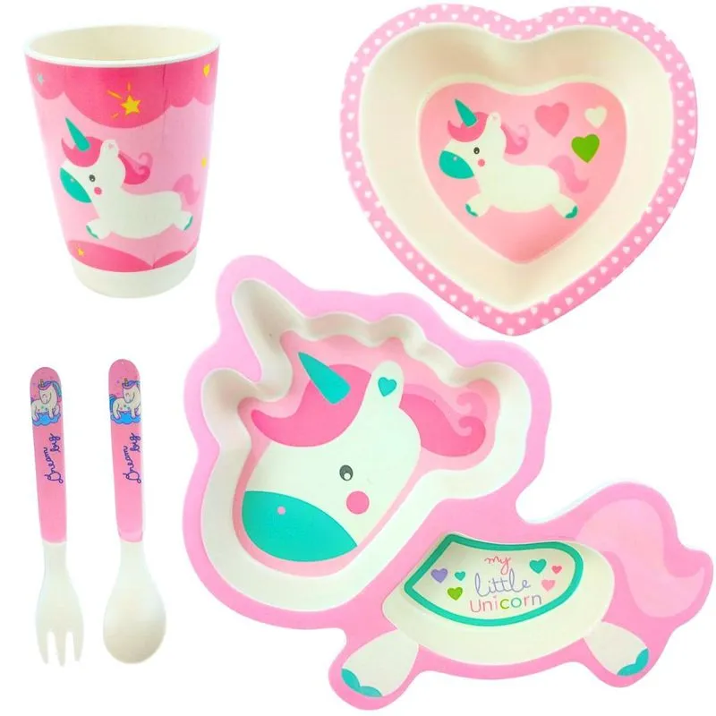Kit Refeição Infantil Rosa Unicórnio Fibra De Bambu Castela