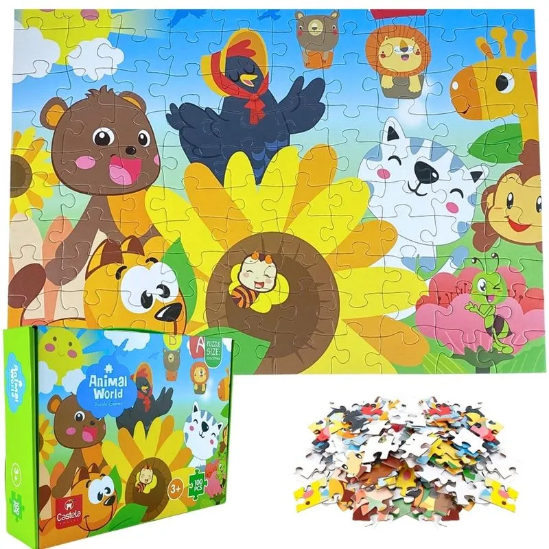 Quebra Cabeça 100 Peças Infantil Bichinhos Divertido Mundo Animal Castela