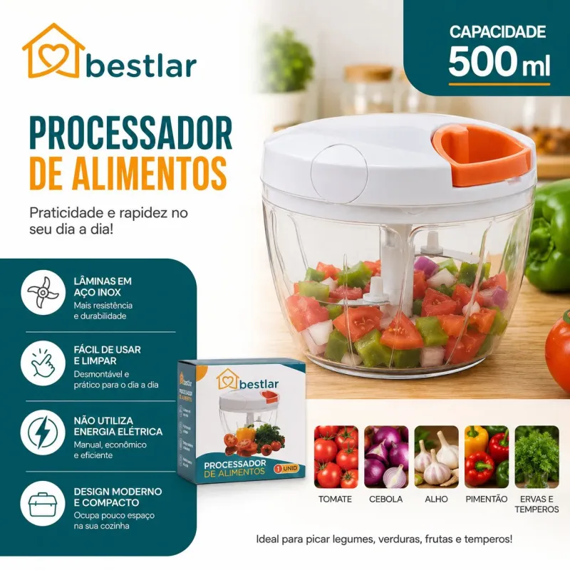 Mini Processador Manual de Alimentos com Lâminas em Aço Inox Triturador de Legumes, Alho, Cebola e Temperos 500ml