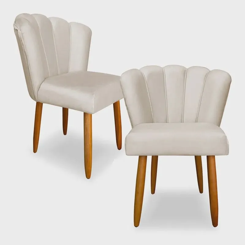Kit 2 Cadeiras de Jantar Pétala Estofada Pés Palito Veludo Bege - Montanaris Decor