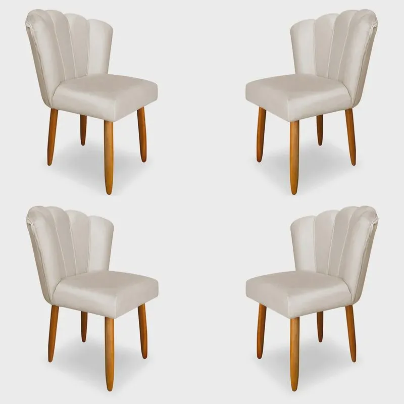 Kit 4 Cadeiras de Jantar Pétala Estofada Pés Palito Veludo Bege - Montanaris Decor