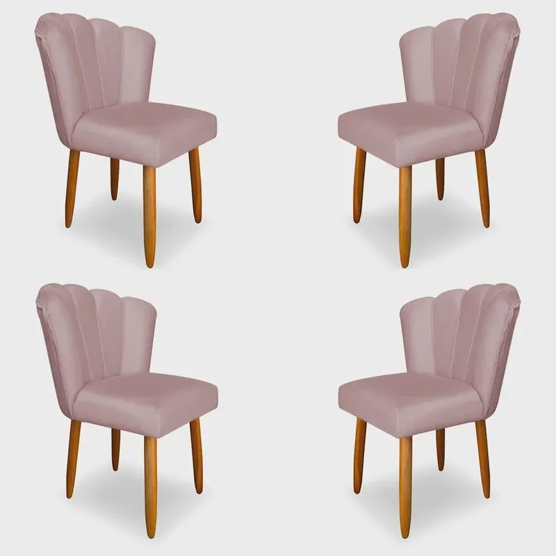 Kit 4 Cadeiras de Jantar Pétala Estofada Pés Palito Veludo Rosê Claro - Montanaris Decor