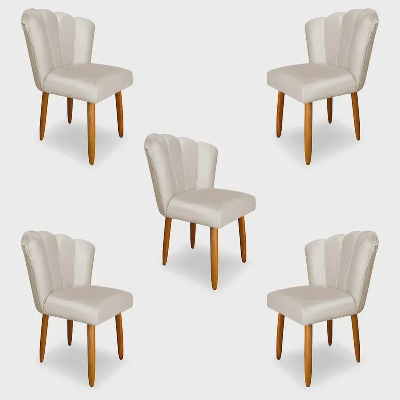 Kit 5 Cadeiras de Jantar Pétala Estofada Pés Palito Veludo Bege - Montanaris Decor