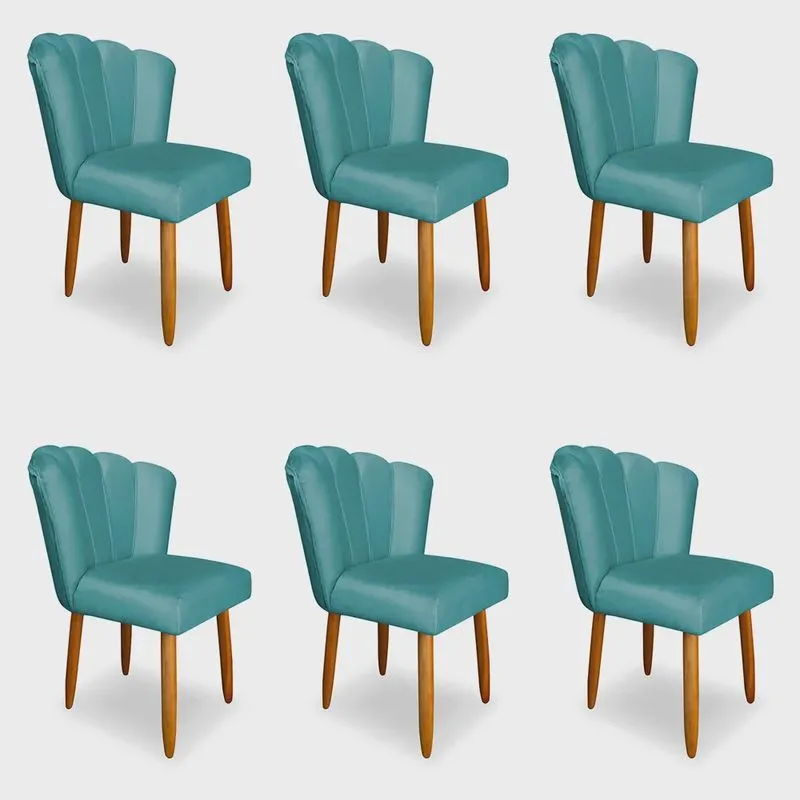 Kit 6 Cadeiras de Jantar Pétala Estofada Pés Palito Veludo Azul Turquesa - Montanaris Decor