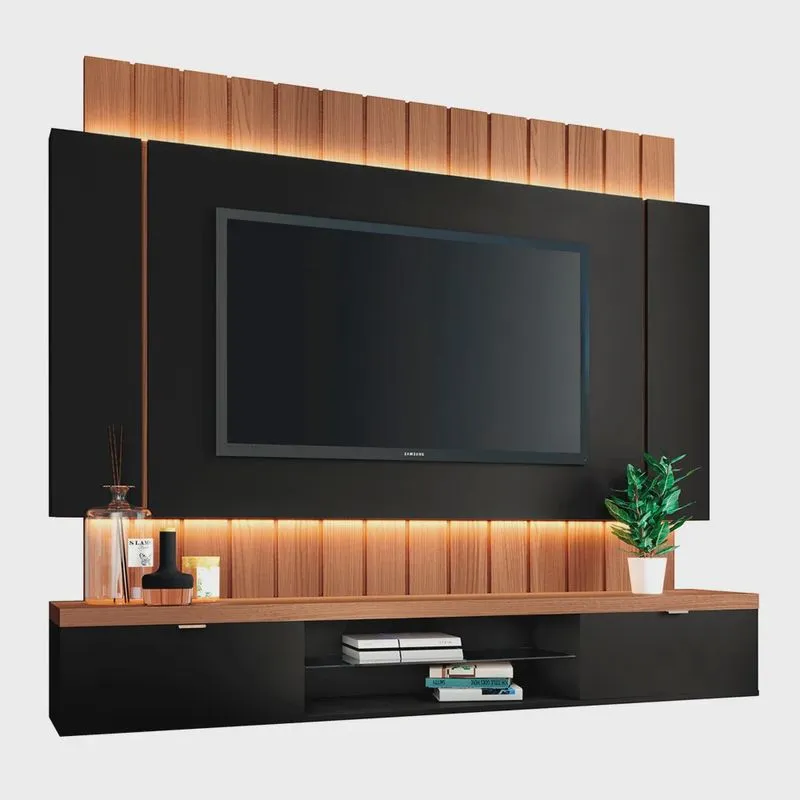 Painel para TV até 55 Polegadas com Led Rubi Preto/Nature - Montanaris Decor