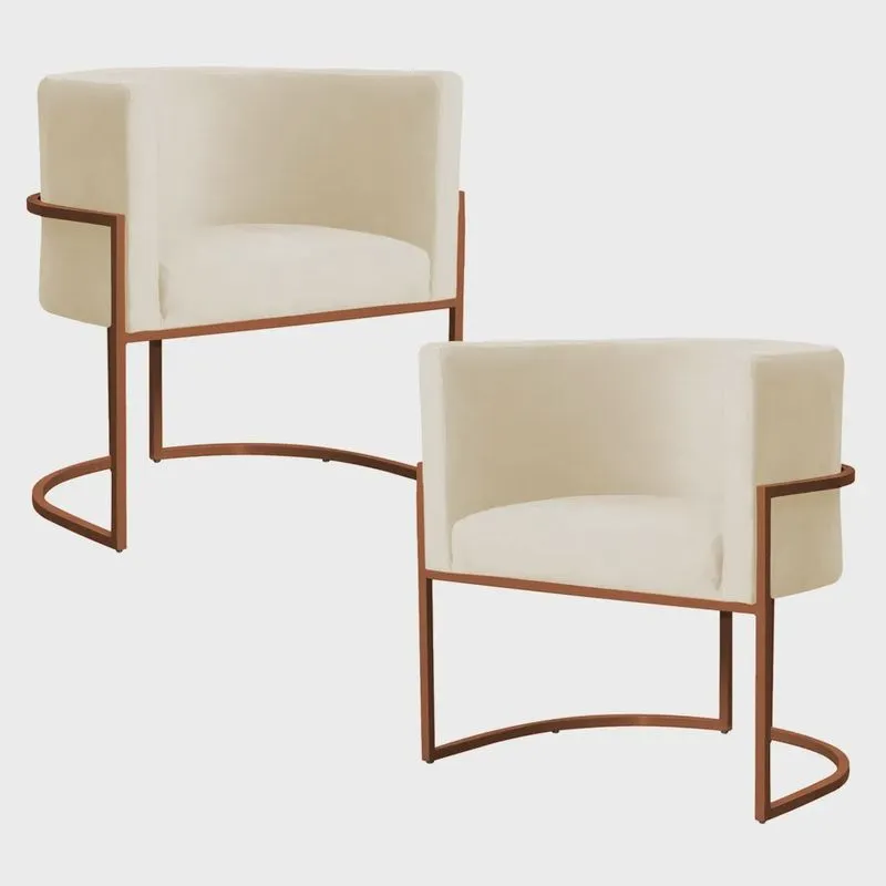 Kit 2 Poltronas Decorativa Luana Base Bronze Veludo Bege - Montanaris Decor
