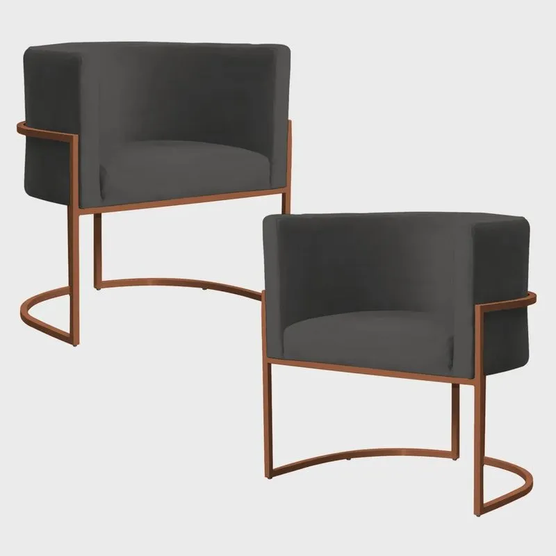 Kit 2 Poltronas Decorativa Luana Base Bronze Veludo Cinza- Montanaris Decor