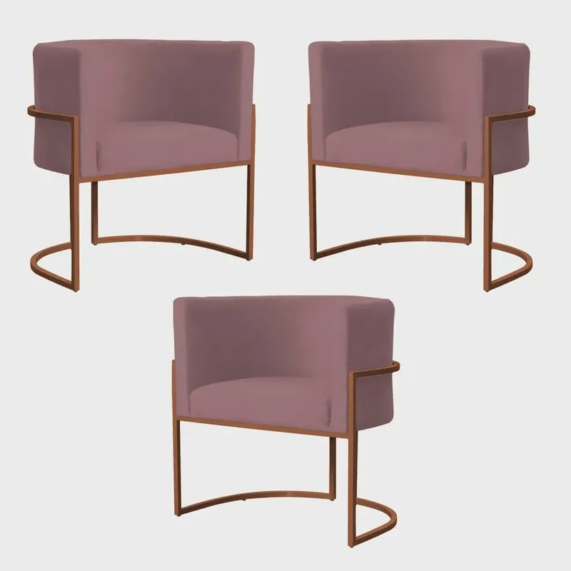 Kit 3 Poltronas Decorativa Luana Base Bronze Veludo Rosê - Montanaris Decor