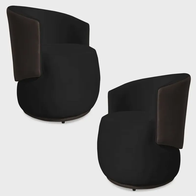 Kit 2 Poltronas Orgânica Decorativa Lara Veludo Preto/PU Marrom - Montanaris Decor