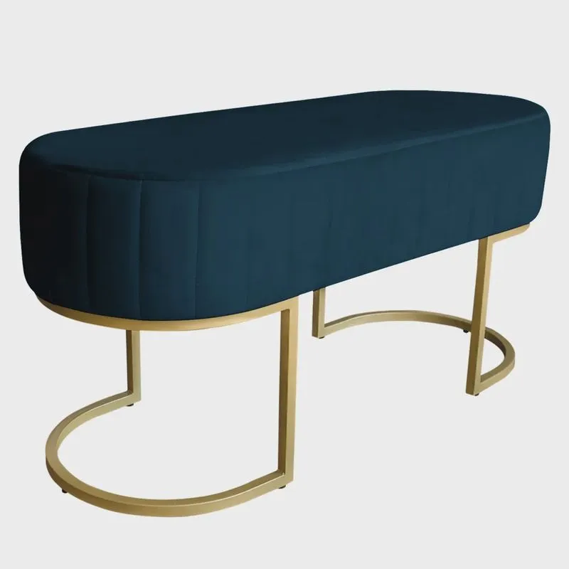 Banco Recamier Estofado Luana Base Gold Veludo Azul Marinho - Montanaris Decor