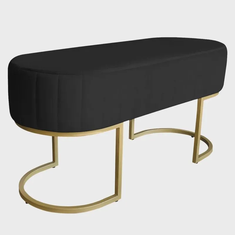 Banco Recamier Estofado Luana Base Gold Veludo Preto - Montanaris Decor