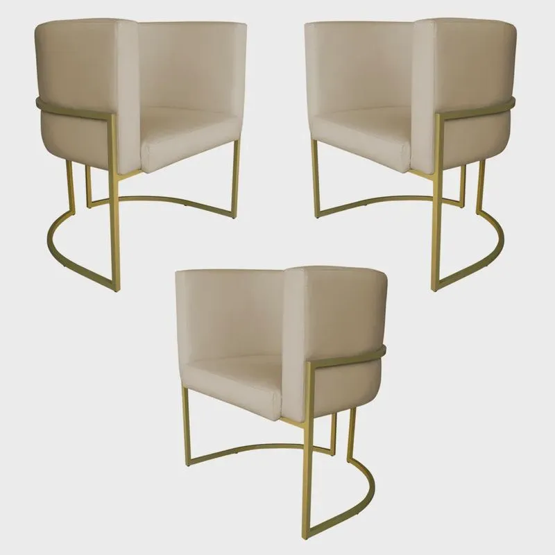Kit 3 Poltronas Decorativa Luana Base Gold pu Bege - Montanaris Decor