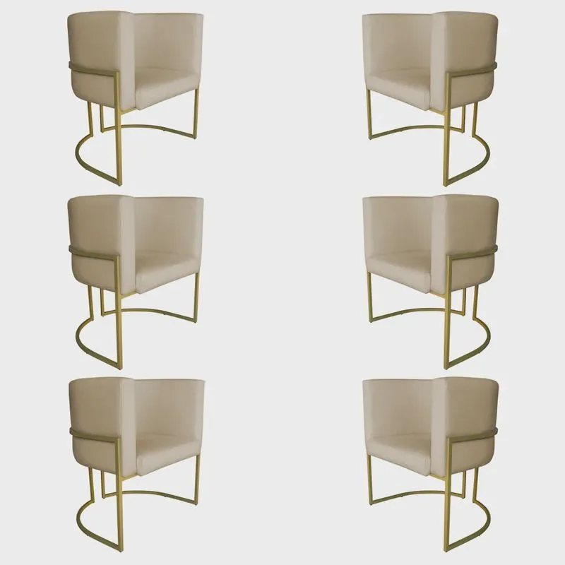 Kit 6 Poltronas Decorativa Luana Base Gold pu Bege - Montanaris Decor
