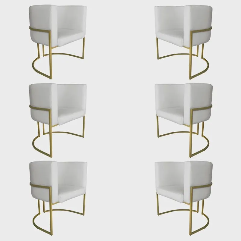 Kit 6 Poltronas Decorativa Luana Base Gold pu Branco - Montanaris Decor