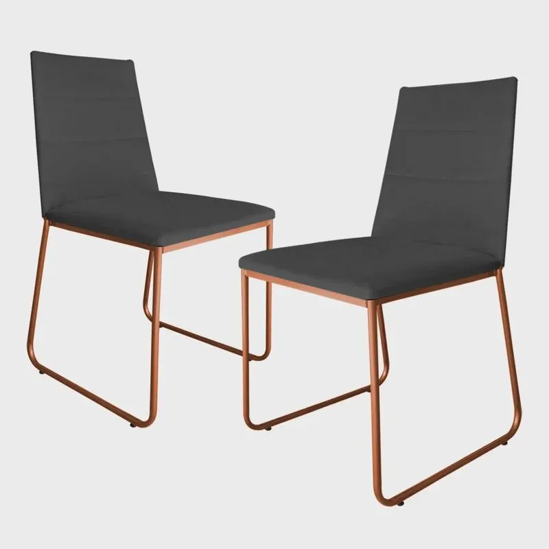 Kit 2 Cadeiras de Jantar Estofada Lille Base Bronze Veludo Cinza - Montanaris Decor