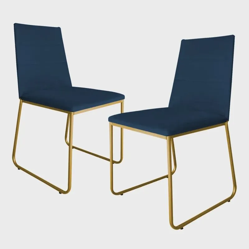 Kit 2 Cadeiras de Jantar Estofada Lille Base Gold Veludo Azul Marinho - Montanaris Decor