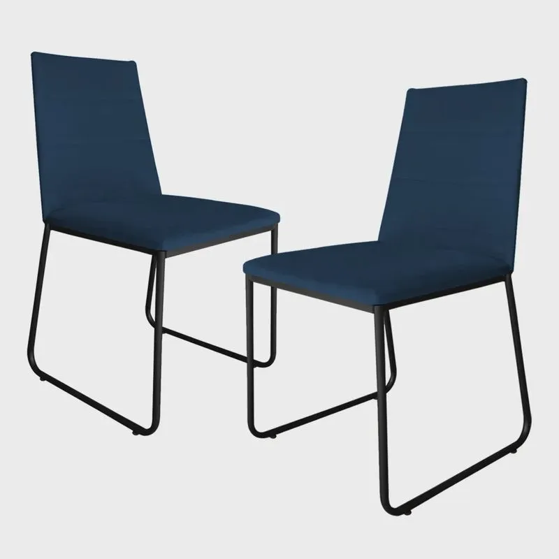 Kit 2 Cadeiras de Jantar Estofada Lille Base Preta Veludo Azul Marinho - Montanaris Decor