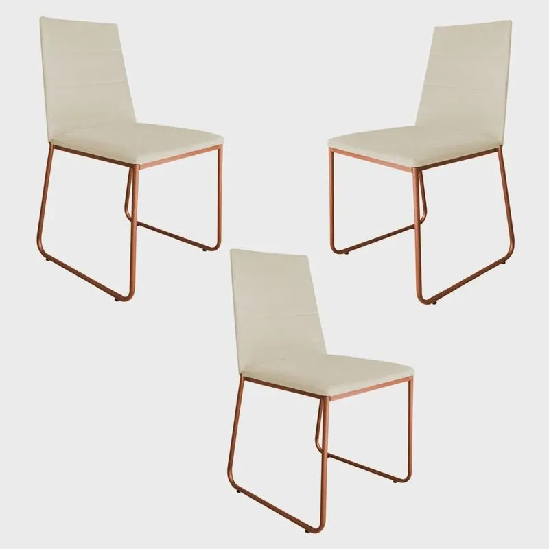 Kit 3 Cadeiras de Jantar Estofada Lille Base Bronze Veludo Bege - Montanaris Decor