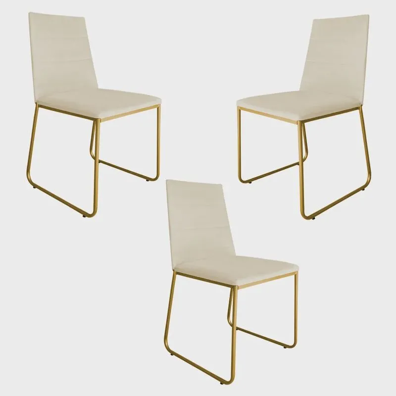 Kit 3 Cadeiras de Jantar Estofada Lille Base Gold Veludo Bege - Montanaris Decor
