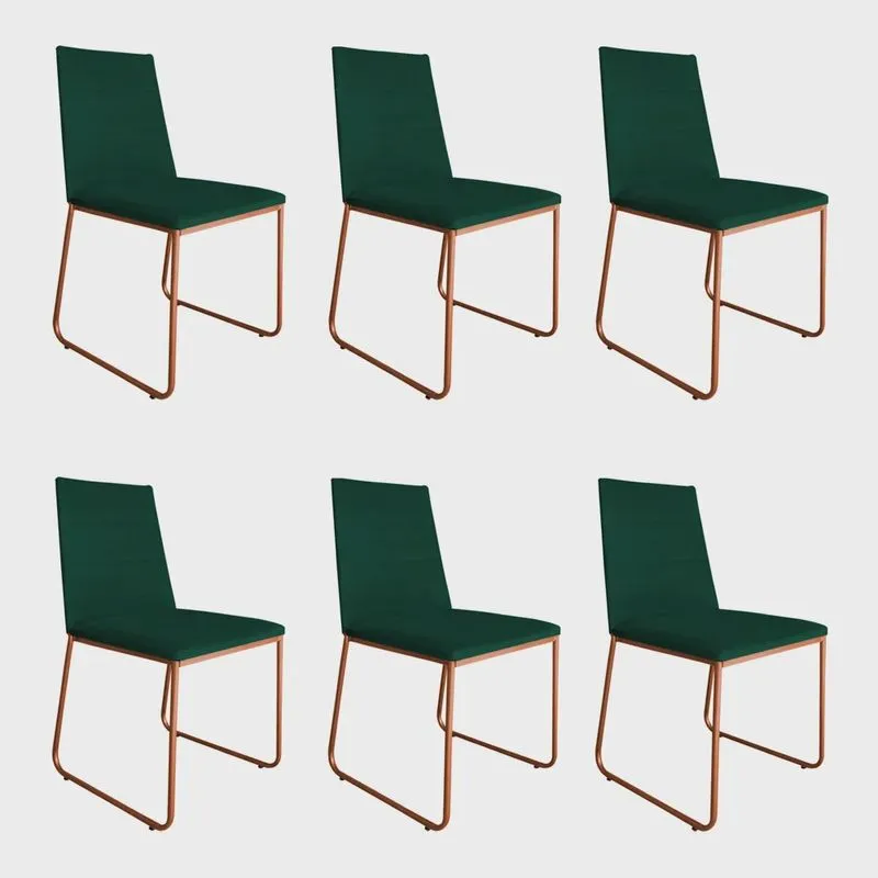 Kit 6 Cadeiras de Jantar Estofada Lille Base Bronze Veludo Verde - Montanaris Decor