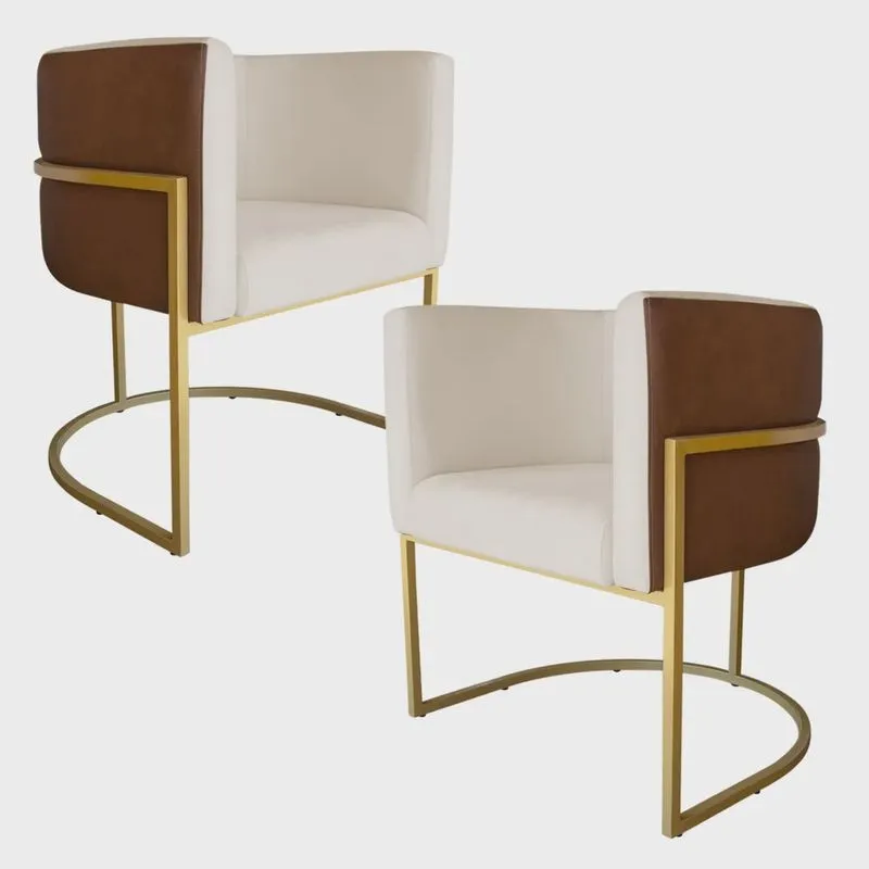 Kit 2 Poltronas Decorativa Cristal Base Gold Veludo Bege/Pu Caramelo - Montanaris Decor