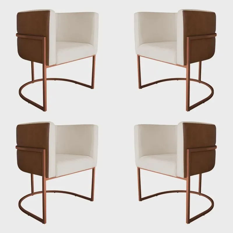 Kit 4 Poltronas Decorativa Cristal Base Bronze Veludo Bege/Pu Caramelo - Montanaris Decor