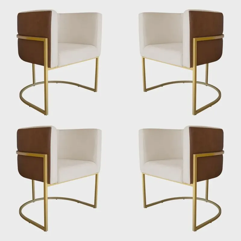 Kit 4 Poltronas Decorativa Cristal Base Gold Veludo Bege/Pu Caramelo - Montanaris Decor