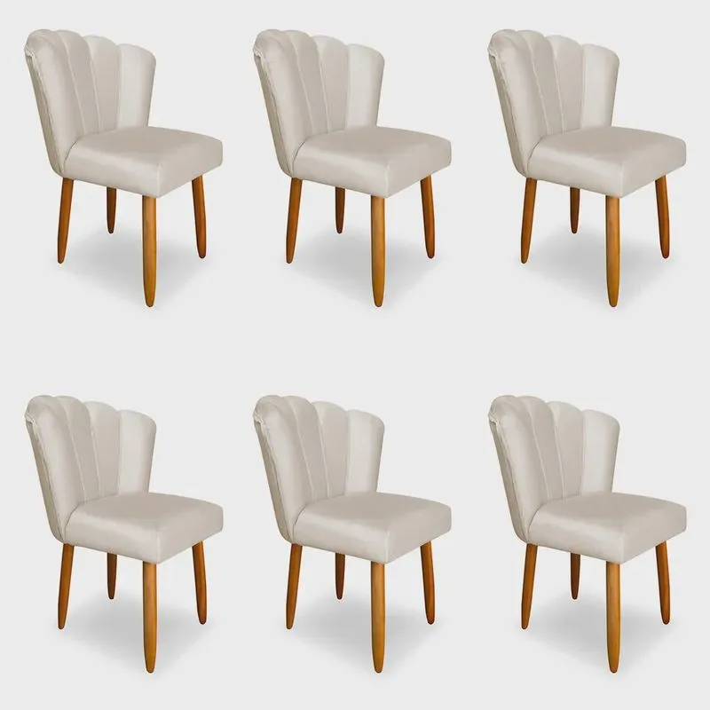 Kit 6 Cadeiras Estofada para Sala de Jantar Pétala Veludo Bege - Montanaris Decor