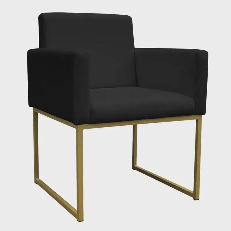 Poltrona Decorativa Base De Ferro Gold Veludo Preto - Montanaris Decor