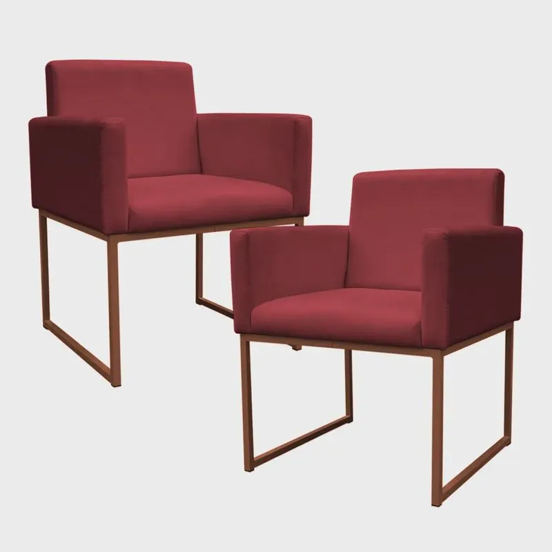 Kit 2 Poltronas Decorativa Base De Ferro Bronze Veludo Vermelho - Montanaris Decor