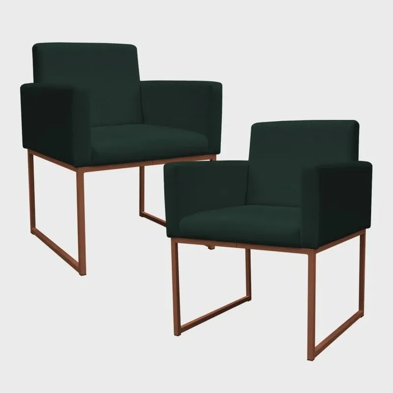 Kit 2 Poltronas Decorativa Base De Ferro Bronze Veludo Verde - Montanaris Decor
