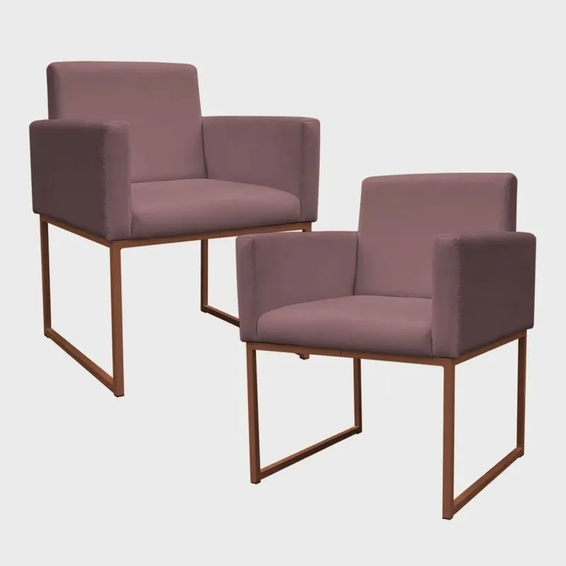 Kit 2 Poltronas Decorativa Base De Ferro Bronze Veludo Rosê - Montanaris Decor