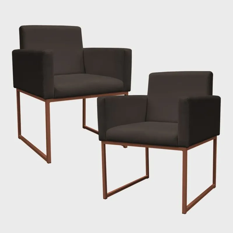 Kit 2 Poltronas Decorativa Base De Ferro Bronze Veludo Marrom - Montanaris Decor