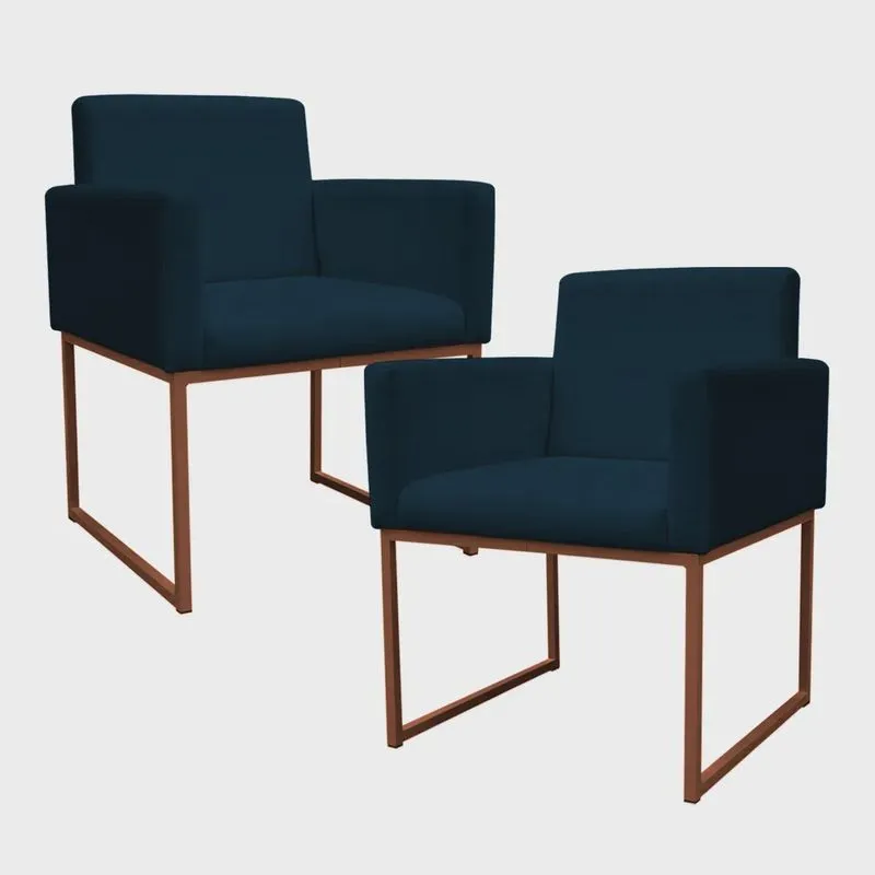 Kit 2 Poltronas Decorativa Base De Ferro Bronze Veludo Azul Marinho - Montanaris Decor