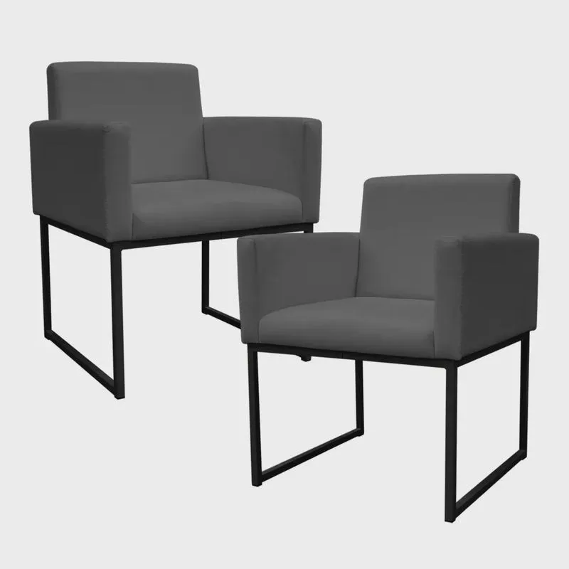 Kit 2 Poltronas Decorativa Base De Ferro Preto Veludo Cinza - Montanaris Decor