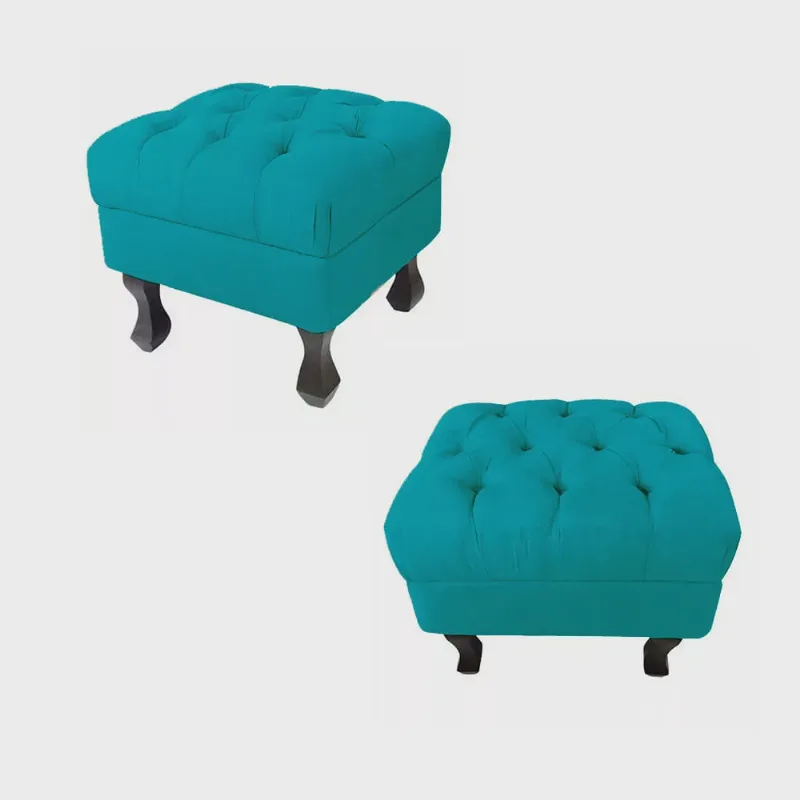 Kit 02 Puffs Decorativo Luiz Xv Veludo Azul Turquesa - Montanaris Decor