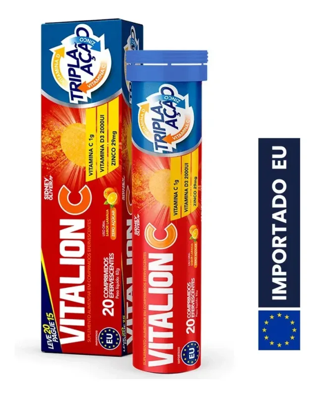 Vitalion C Tripla Ação, Vitamina C 1000 mg + D3 2000 UI + Zinco 29 mg, 20 comprimidos efervescentes