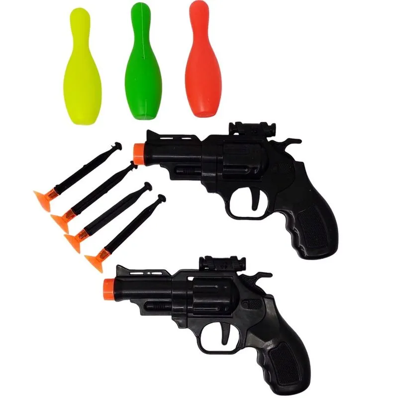 Kit 02 Lançador Pistola Revolver Preta Lança Dardos c/ Alvo