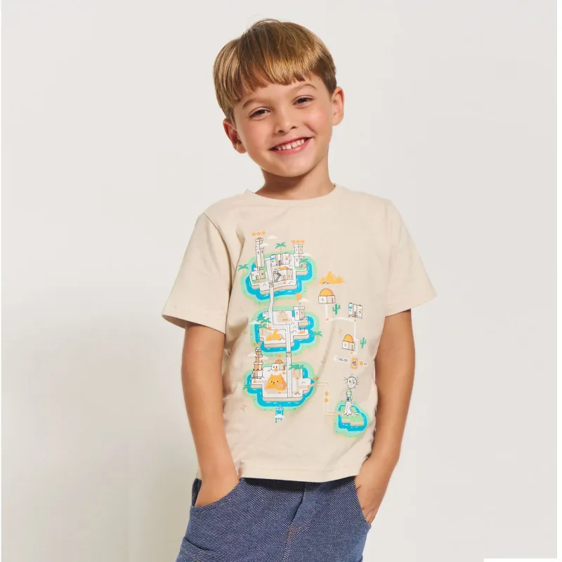 Camiseta Meninos Manga Curta Cru Estampa Passeio no Cairo Alphabeto