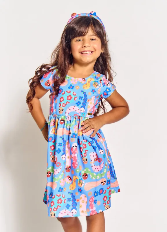 VESTIDO INFANTIL BONECAS E FLORES AZUL ALPHABETO