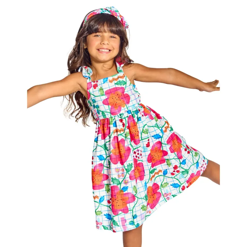 Vestido Infantil Jardinagem Branco Flores Pink Alphabeto