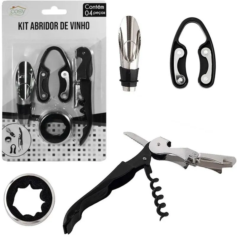 Kit Vinho Saca Rolha + Cortador Lacres E Acessorios 4 Pecas