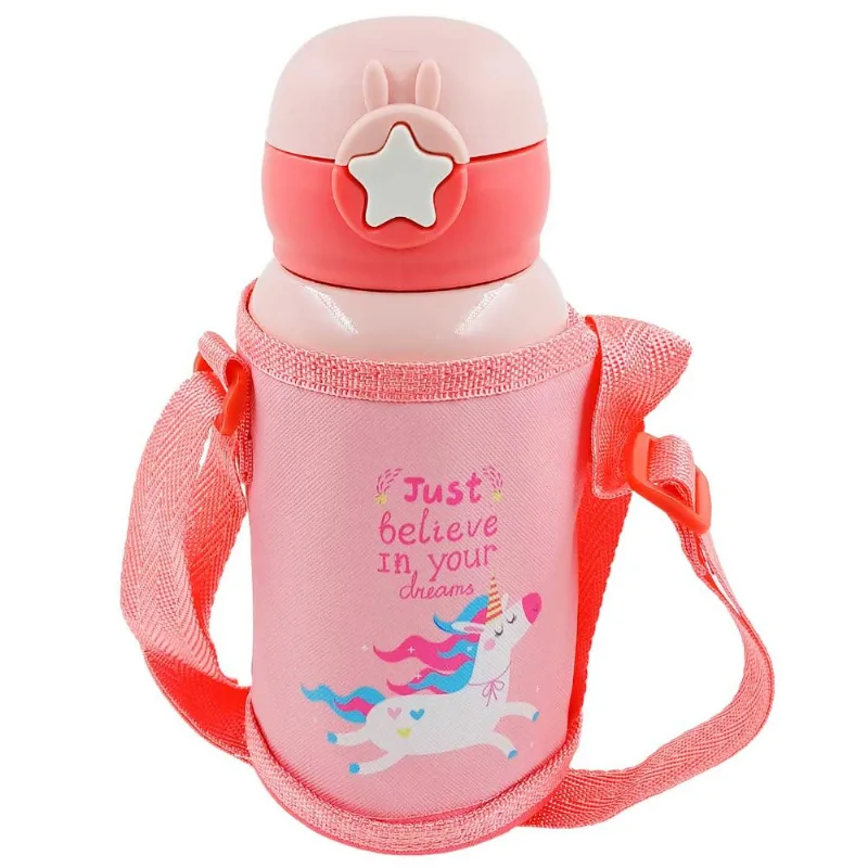 Garrafa Infantil C/ Canudo + Bolsa 500ml em Aço Inox Fu Xing-Rosa