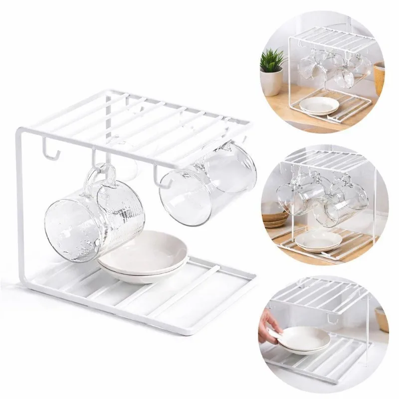 Suporte Organizador Xícaras 6 Ganchos Metal Cantinho Café Pires Caneca Branco Armário Prateleira