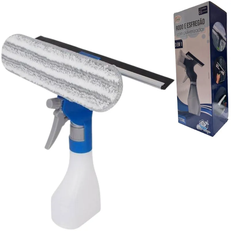 Mini Rodo e Esfregão de Microfibra com Pulverizador 3 em 1 Limpa e Seca Vidros e Outras Superfícies Recipiente de 250ml