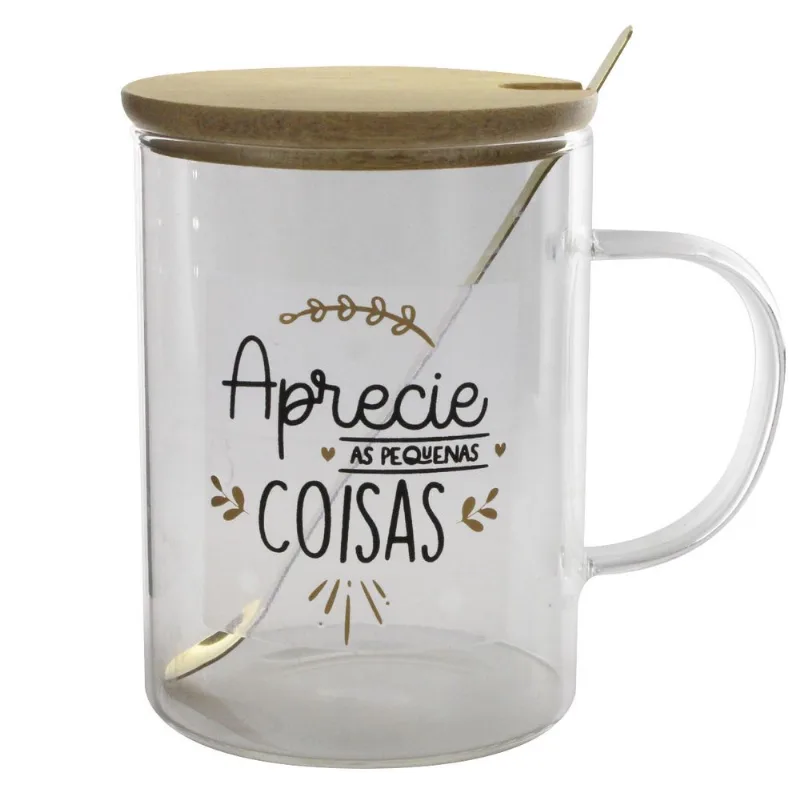 Caneca C/ Tampa Bambu 400ml em Vidro Fu Xing-Sortidos