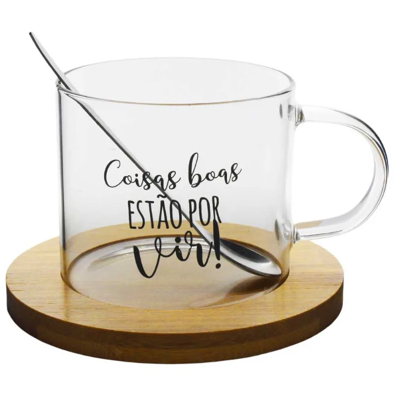 Caneca C/ Pires Bambu 250ml em Vidro Fu Xing-Sortido