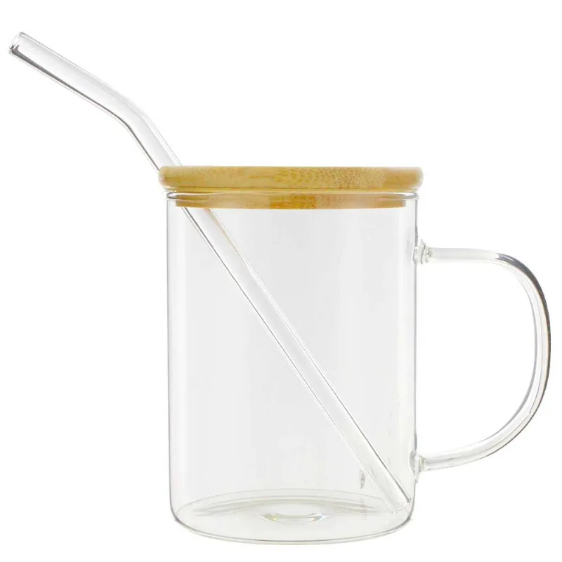 Caneca C/ Tampa Bambu + Canudo 400ml em Vidro Fu Xing