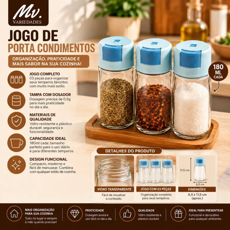 JOGO DE PORTA CONDIMENTOS COM DOSADOR